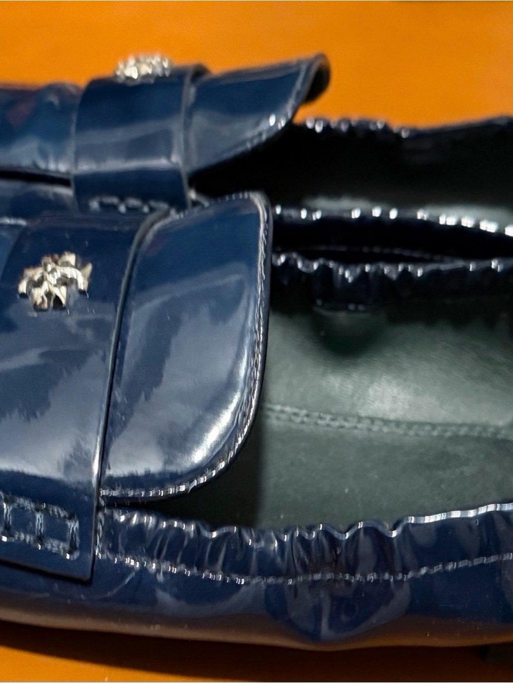 Tory Burch Navy Patent Leather Penny Loafers with Gold Logo - Picture 3 of 4